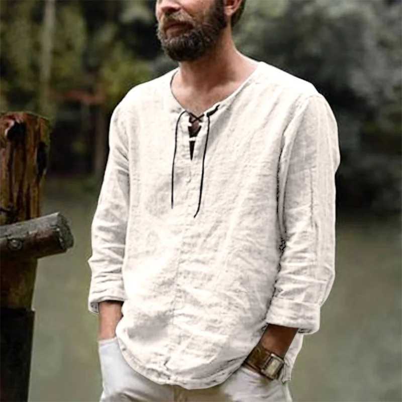 Spring 2023 New Mens Cotton Linen T-shirt Male Solid Color V Neck Bandage T-shirts Casual Long Sleeves Linen T-shirt Tops S-4XL XJ250805