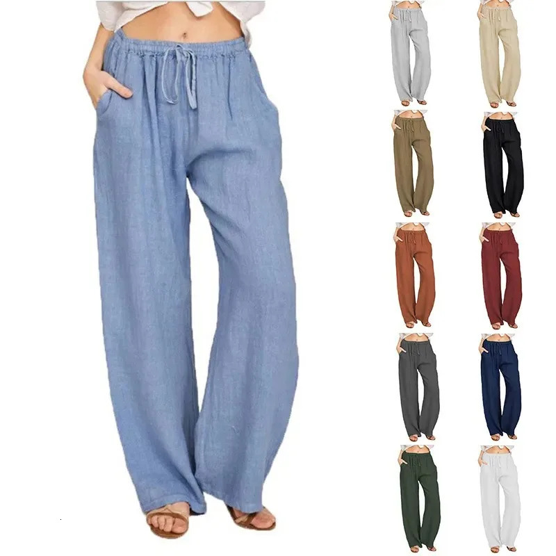 Womens Cotton Linen Pants Casual Loose Solid Elastic Waist Pocket Straight Trousers Ladies Oversize Wide Leg Pant Streetwear 250724