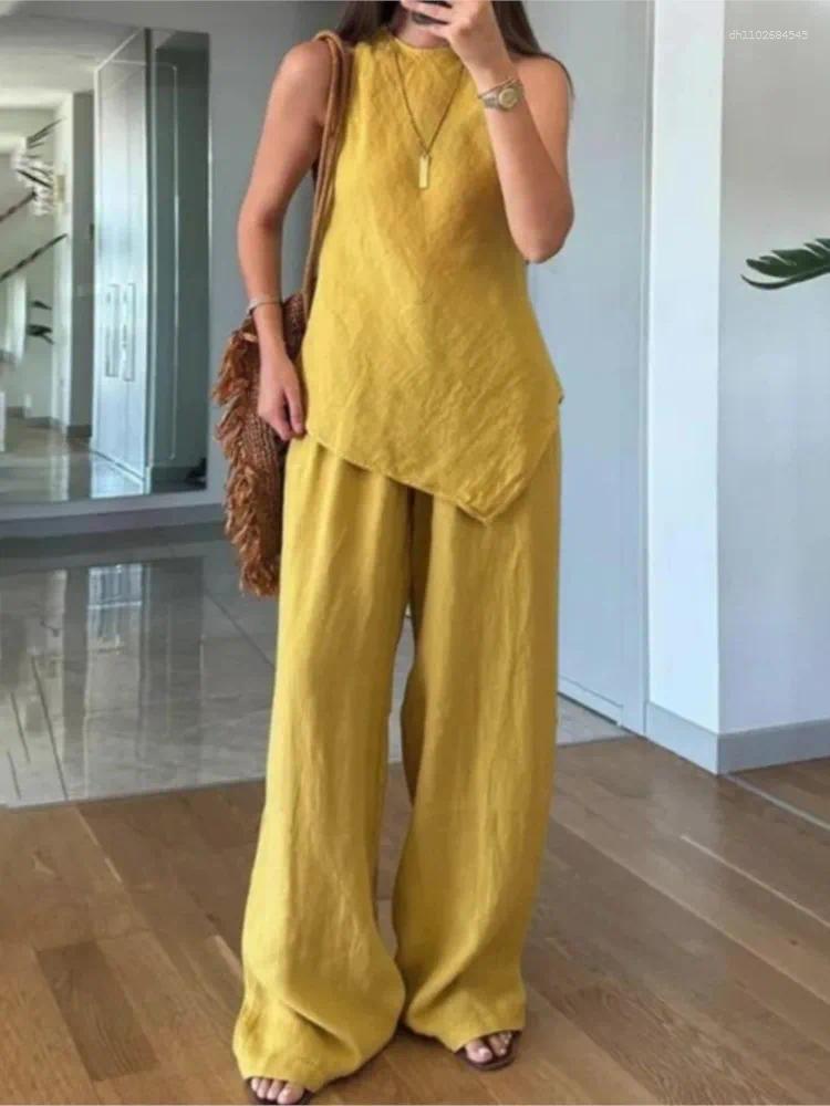 Women's Two Piece Pants Casual Solid Cotton Linen Sets Summer Fashion O-neck Sleeveless Irregular Hem Tank Top And Wide Leg Set