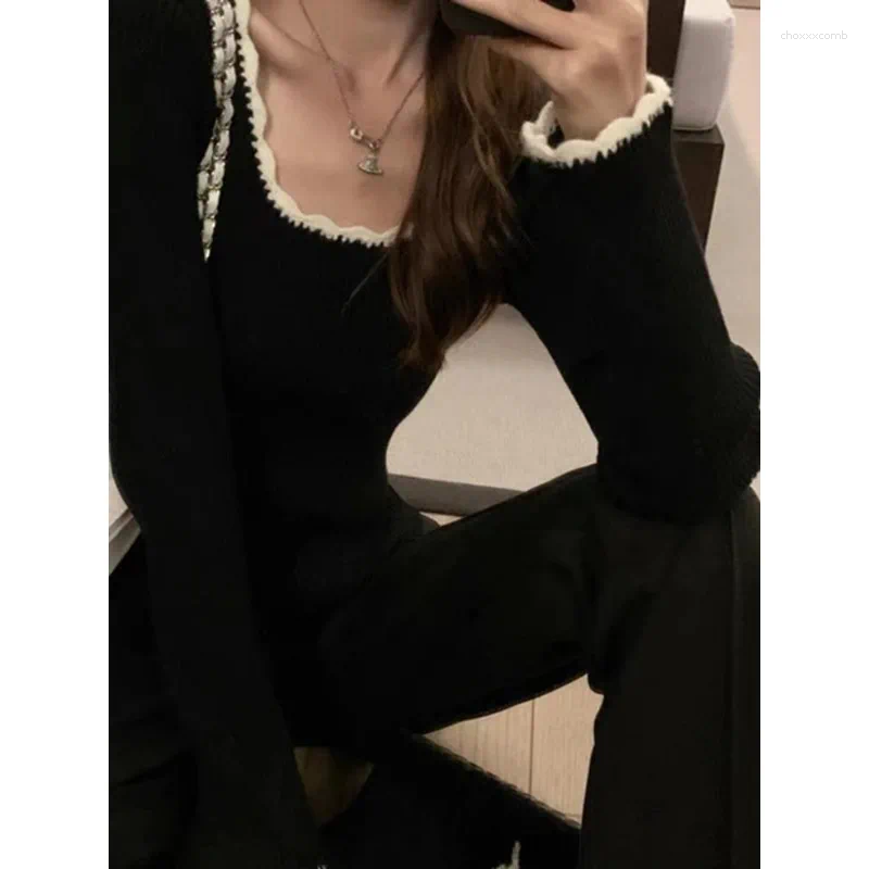 Women's Sweaters Round Neck Knitted Base Shirt Contrasting Sweater For Women In Autumn And Winter Square Collar High-end Slim Body