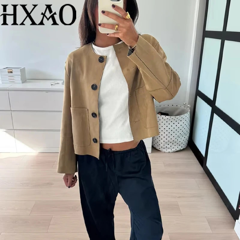 HXAO Khaki Fleece Jacket Outerwears Women Autumn Winter Long Sleeve Varsity Jacket Coat Ladies Fashion Casual Office Jacket 250801