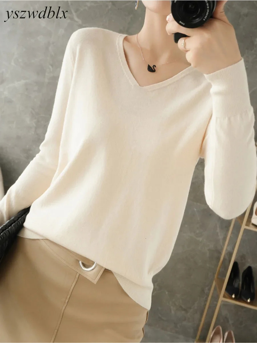 YSZWDBLX Womens Sweaters Spring Autumn V-neck Knitted Pullovers Loose Bottoming Shirt Cashmere Fashion Jumper Solid Pink Sweater 250804