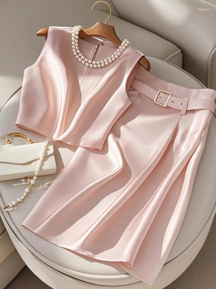 Women's Two Piece Pants Summer O-neck Beading Sleeveless Vest Top For Women High Waist Loose Straight Wide Leg 2025 Sets