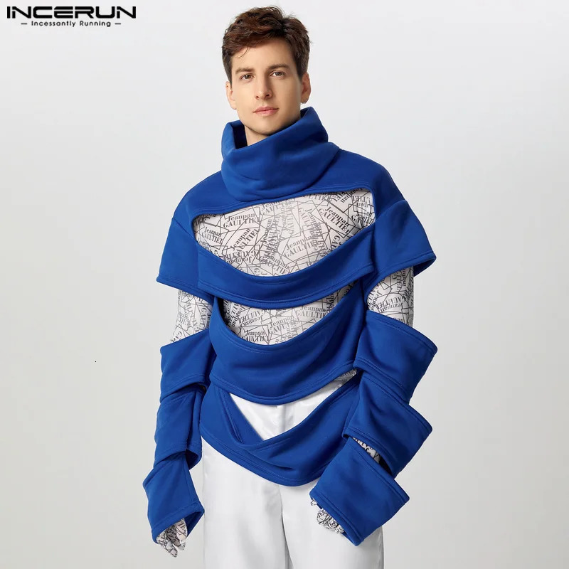 INCERUN Tops American Style Fashion Men Deconstruction Hollow Loose Sweatshirts Sexy Male Solid High Neck Long Sleeved Pullover 250804