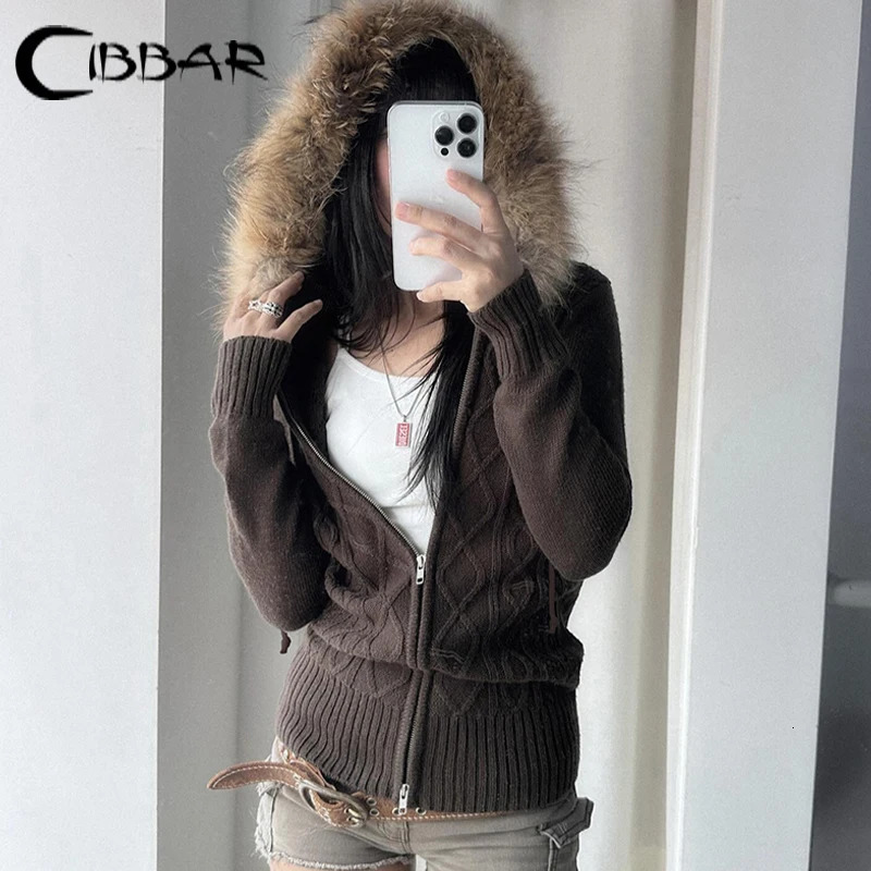 CIBBAR Furry Hooded Knitwear Hoodies y2k Streetwear Full Sleeve Zip-up Womens Sweatshirts Korean Fashion Autumn Outwears Ladies 250801