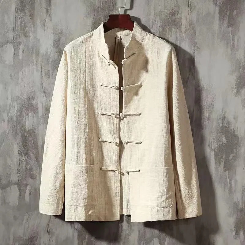 XXXXXL Plus Size Men Cotton Linen Shier Autumn Spring Men Collarless Long Sleeve Frog Button Loose Blouse Tops Oversized M-5XL 250804