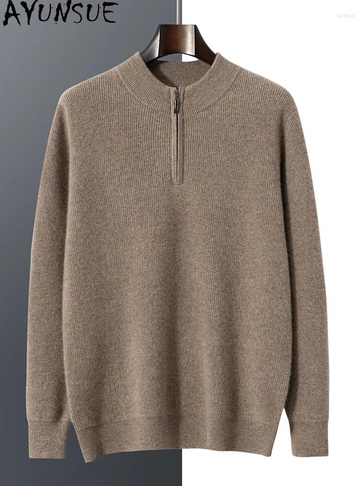 Men's Sweaters AYUNSUE 35% Cashmere 65% Wool Soft Men Mock Neck Long Sleeve Zipper Business Casual Sweater Autumn Winter T47817QC