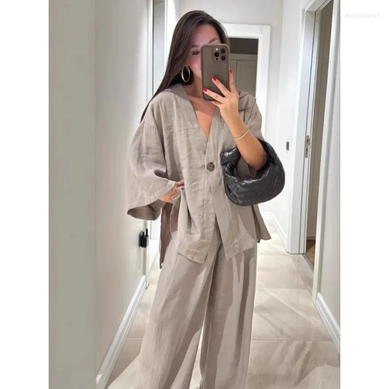 Women's Two Piece Pants 2025 Outwear Retro Suit Vintage 2 Pant Sets Women Thin Comfortable Outfits Elegant Loose Shirts Wide Leg Beach