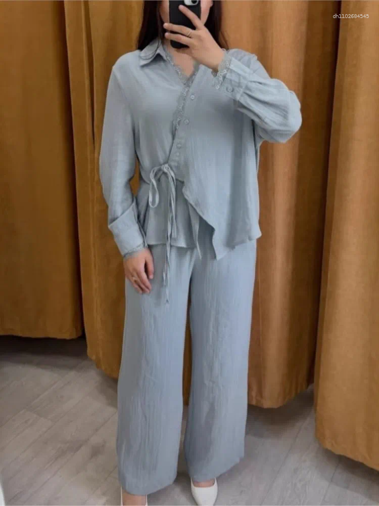 Women's Two Piece Pants Elegant Set Fashion Lace Splicing Shirt Sets For Women Spring Autumn Long Sleeve Loose Suit Female