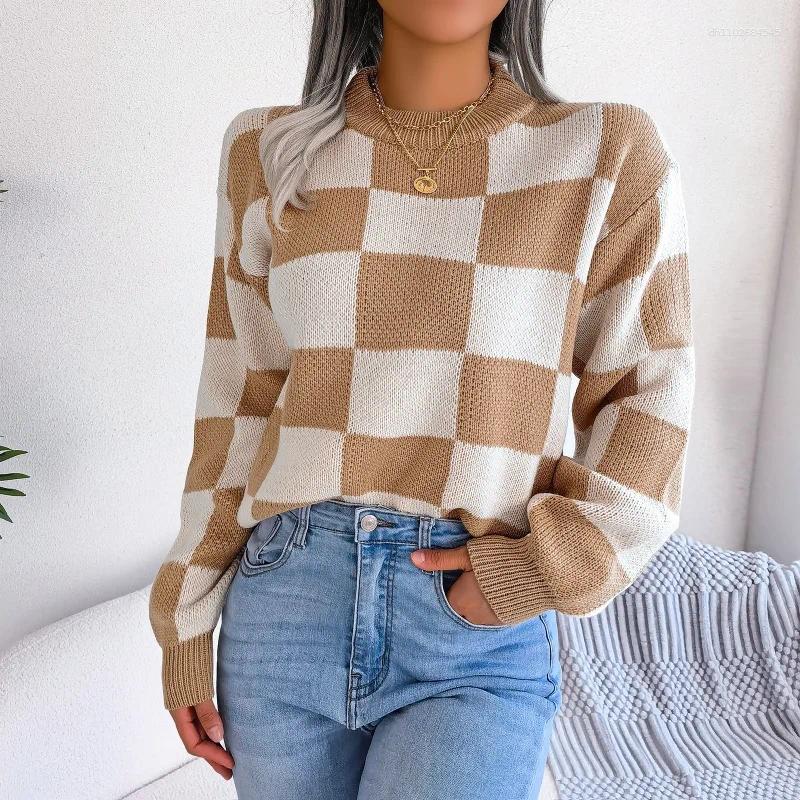 Women's Sweaters Color Block Checkered Crew Neck Long Sleeve Y2K Plaid Knitted Pullover Sweater Tops Vintage Fashion Knitwear