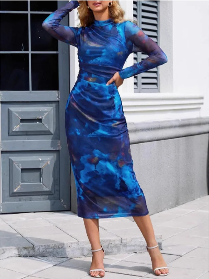 Blue Round Neck Long Sleeved Fashionable Printed Womens Dress High Street Fashion Dating Vacation Autumn Slim Fit Dresses 250728