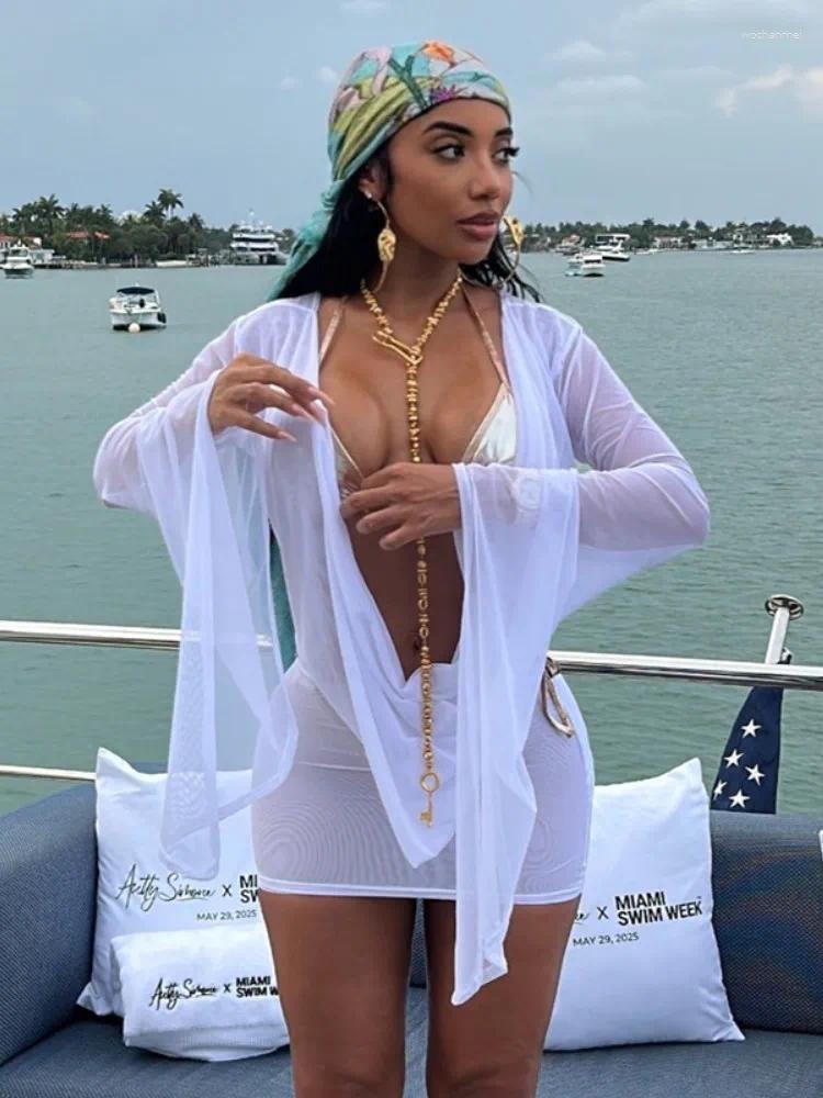 Casual Dresses Joskaa Women's 2025 Summer Sheer Mesh Mini Dress Sexy Swing Collar Full Sleeve Irregular Backless Vestidos Vacation Beachwear