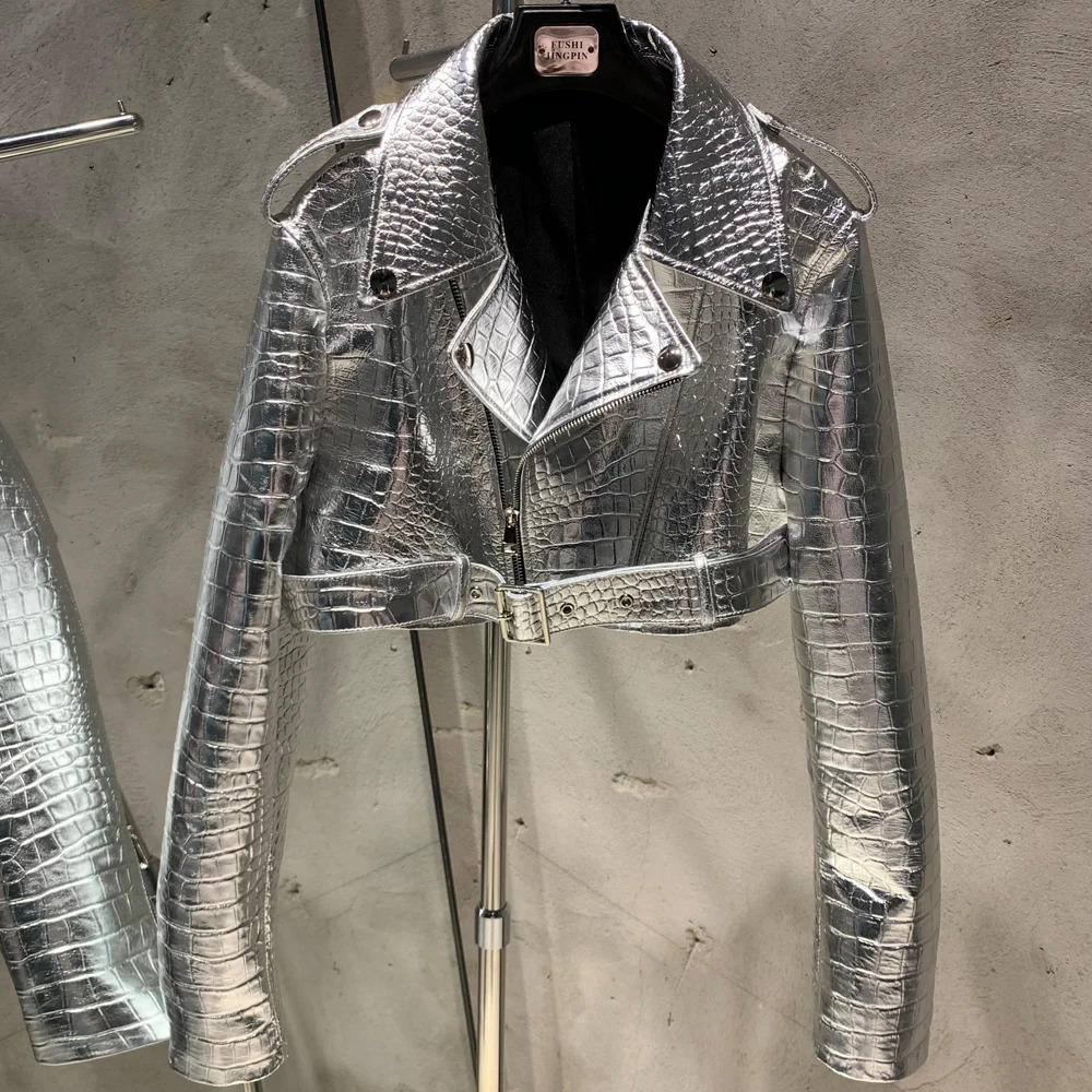 Silver Shinny Leather Jacket Ladies Sheepskin Jacket Women Lambskin Cloth Short 21002 250804