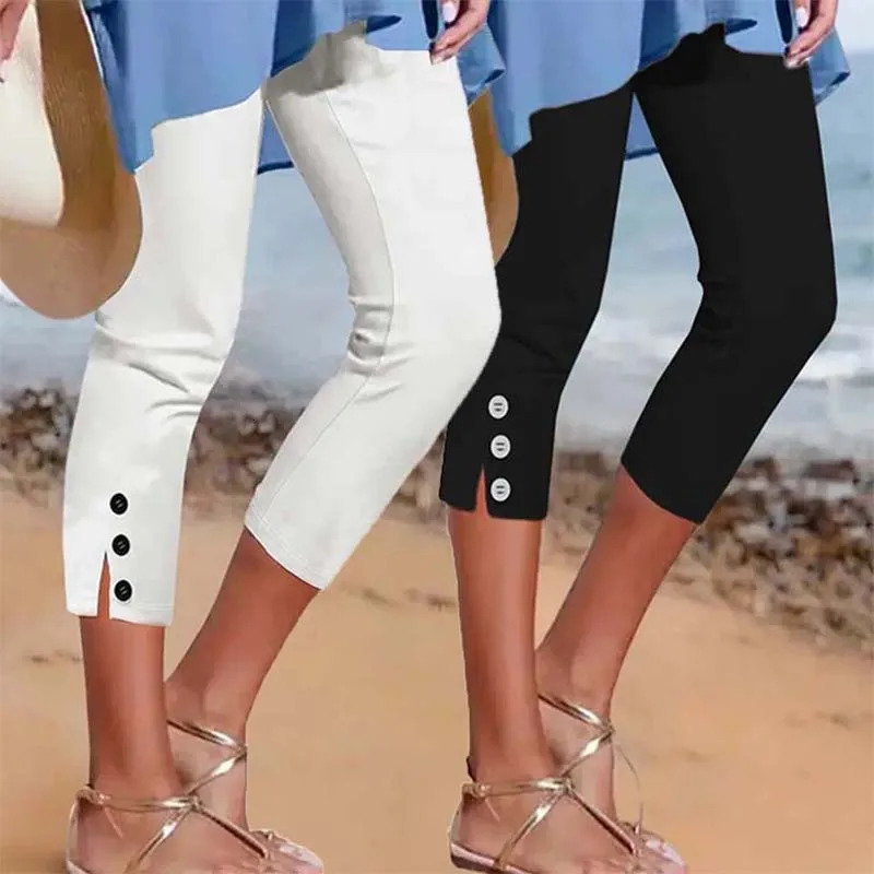 2025 Cross border Summer Mid waist Elastic Solid Color Seven point Pants Tight Fashion Sexy Button up Casual for Women 250724