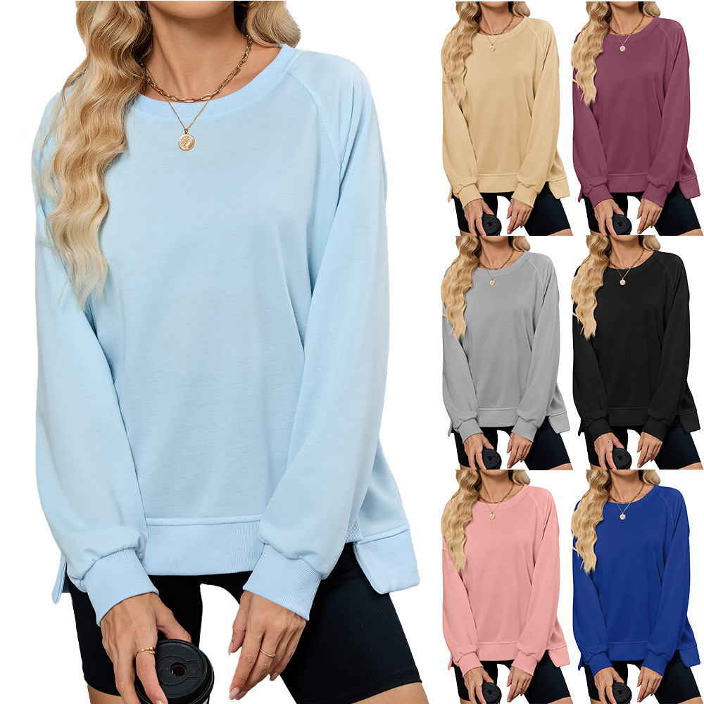 Free Shipping Designer Hoodie For Autumn And Winter 2025, New Solid Color Ribbed Round Neck Long Sleeved Loose Sports Shirt For Women