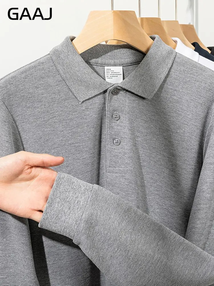 250gsm 8.8oz GAAJ Mens Polo Long Sleeve Shirt 100% Cotton Heavy Weight Casual Business Clothing Solid Polos Shirts Top Man 250804