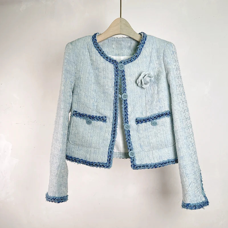 French Blue Gentle Fragrance Coat Women Fashion Lace Round Neck Slim Basic Pink High Quality Sweet Long Sleeve Lady Tweed Jacket 250804