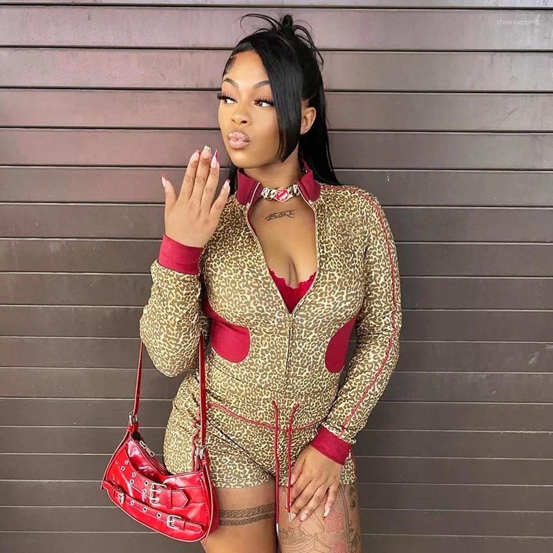 Women's Tracksuits Sexy Women 2 Piece Leopard Zipper Jacket Drawstring Shorts Sets Stand Collar Jackets High Waist Mini Two Outfits