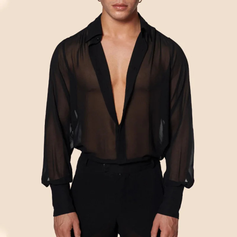 Mens Clothing Mesh See Through Sexy Long Sleeve Shirt Solid Color Buttondown Vintage Streetwear Retro Party Tops SXL 250731