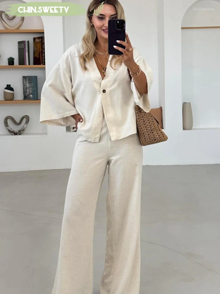 Women's Two Piece Pants Solid Cotton Linen Loose Shirt Set Women Casual Daily Long Sleeved Oversized Bottom Suit 2025 Summer Outfit