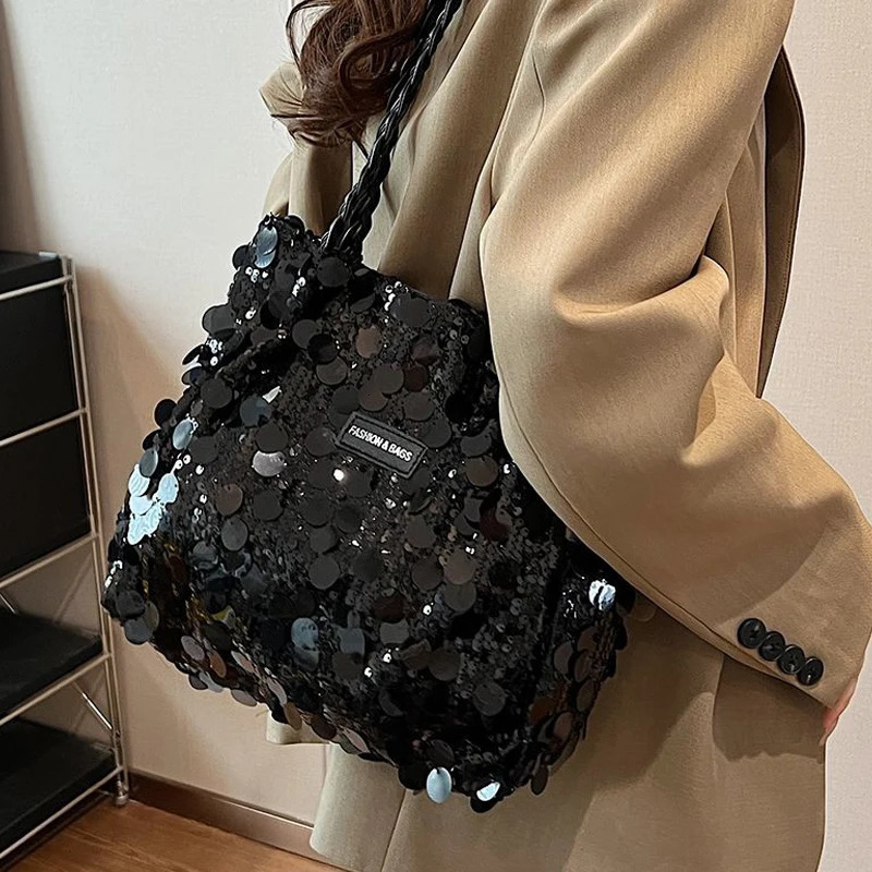 Sparkling Sequin Large Capacity Commuting Tote Bag Womens Zipper Closure Shoulder Bags Fashion Handbag 250801
