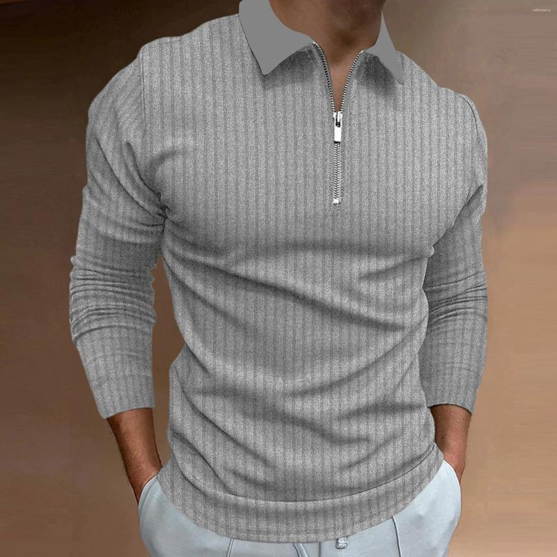 Men's Polos Autumn Sports Fitness Casual Collar Stretch Vertical Stripe Long Sleeve Zipper Polo Shirt