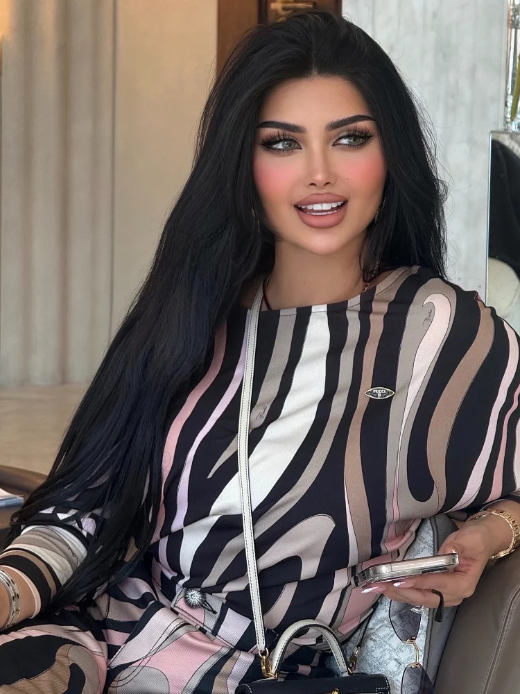 Womens Fashion Zebra-stripe Print Pant Set Chic O-neck Full Sleeve Top Wide Leg Long Trouser Lady Autumn Casual Outfits 250801