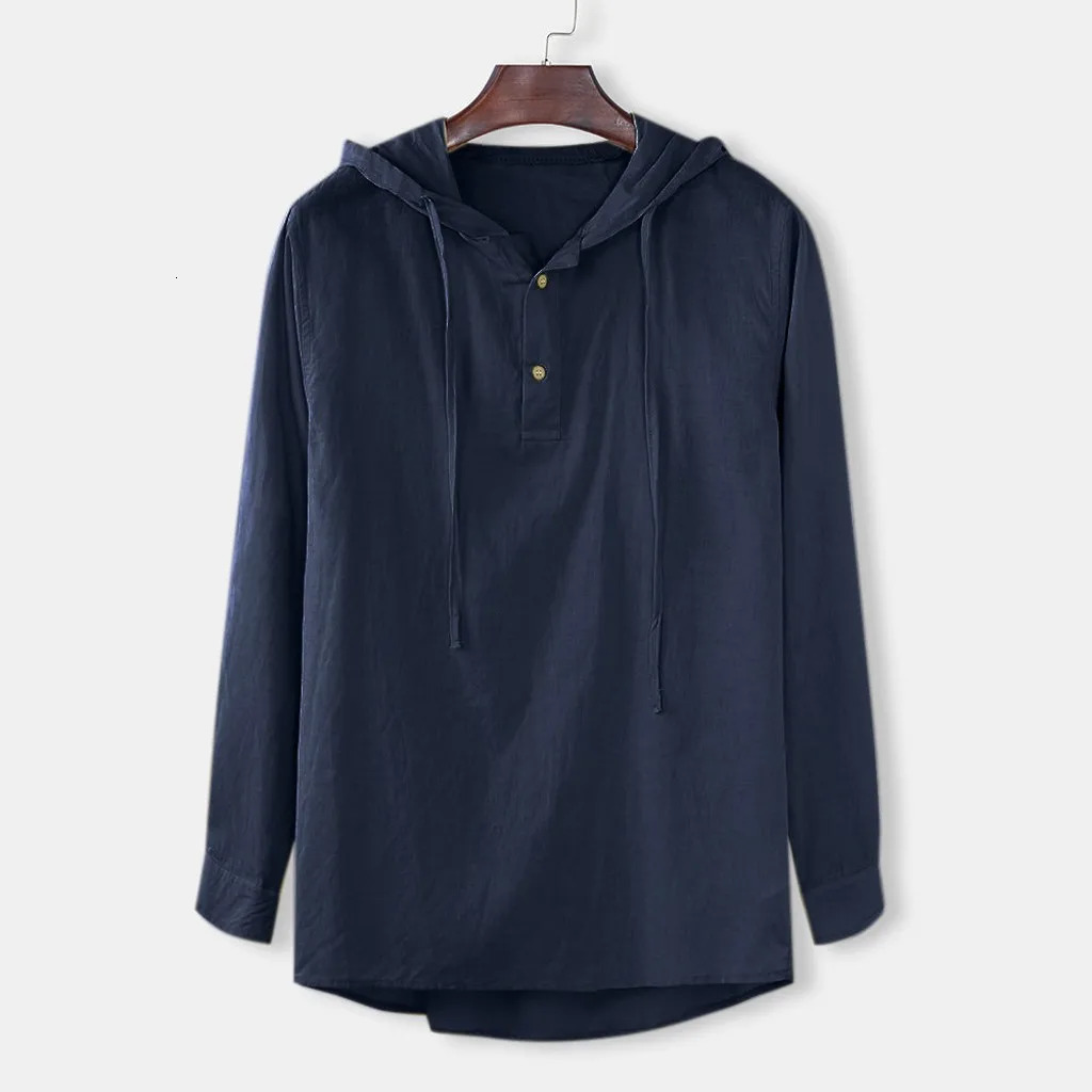 Autumn Cotton Linen Europe America Thin Fashion Mens Patch Pocket Lace Long Sleeve Hooded Pullover T-shirt 250804
