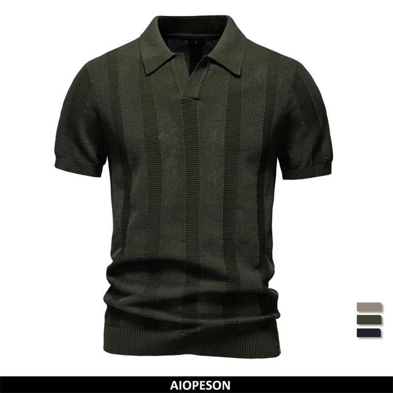 AIOPESON 2025 Mens Solid Striped Mesh Polo Shirt Breathable Knit Casual Top with TurnDown Collar y250724