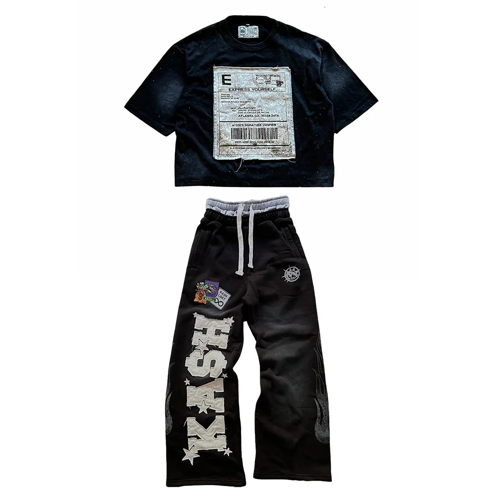 American Retro Sports Pants Tshirt Two Piece Set Y2K Sportswear Mens Womens Letter Embroidery Baggy Casual Pants Tops Suit 250805