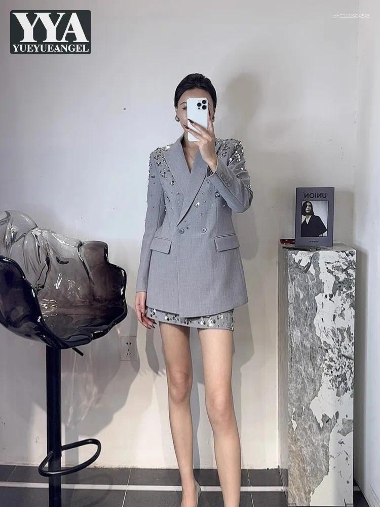 Two Piece Dress 2025 Female Shiny Sequins Suits Blazer Jacket Skirts Suit Set Fashion Work Lady Elegant Outfits Chic Matching Sets