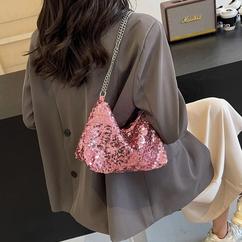 Women Bling Shoulder Bag Chic Sequins Glitter Underarm Sling Bag Adjustable Chain Strap Crossbody Bag Commute Shopping Handbags 250801