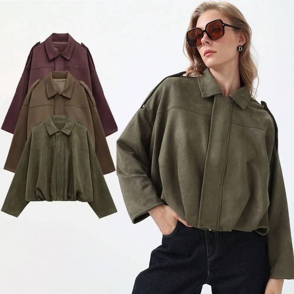 TRAFZA Women's Bomber Jackets Suede Coat Fashion Turn-Down Collar Long Sleeve Loose Coats Vintage Female Outerwear Chic Tops