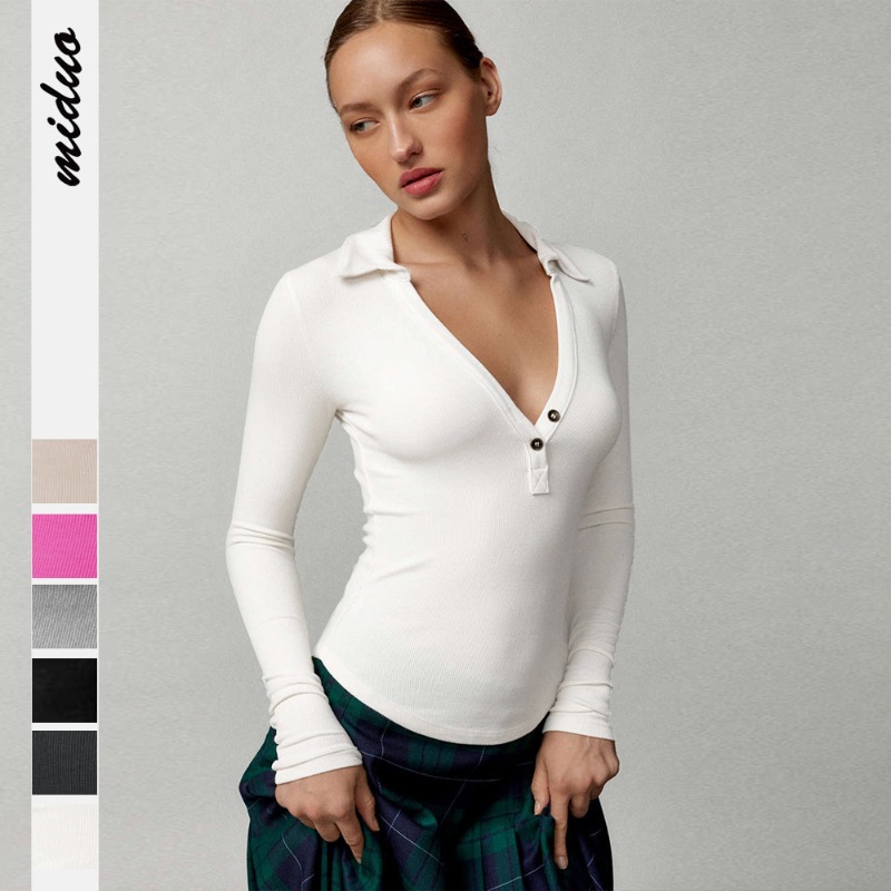 Women Yoga Shirt Threaded Polo Neck Long-sleeved T-shirt V Neck Slim-fit Knitted Sweater Women's Top Summer Senior Feeling E24T0507