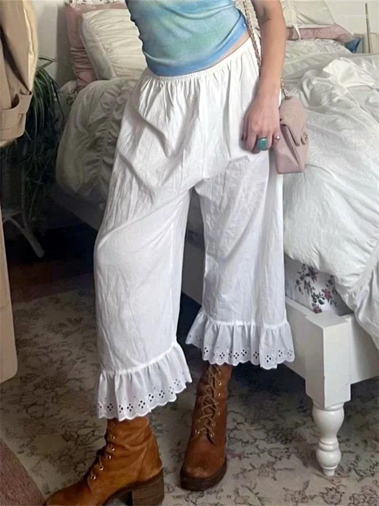 Women's Pants Women Summer Capri Solid Color High Waist Eyelet Hollow Out Wide Leg Trousers Pull On Loose