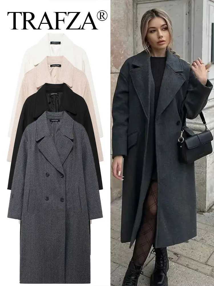 TRAFZA Winter Coat For Women 2024 Solid Lapel Double Breasted Long Cardigan Top Female Pocket Streetwear Woman New In Outer Coat Z250804