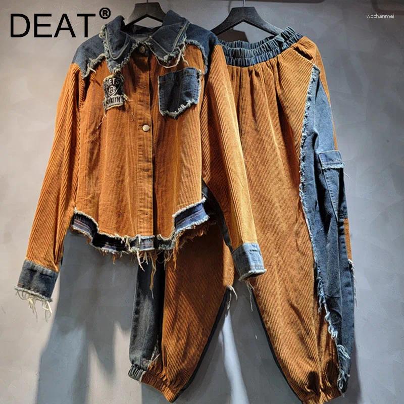 Women's Two Piece Pants DEAT Fashion Vintage Denim Set For Women Loose Spliced Contrast Color Long Sleeve Jacket Elastic Waist Wide-Leg