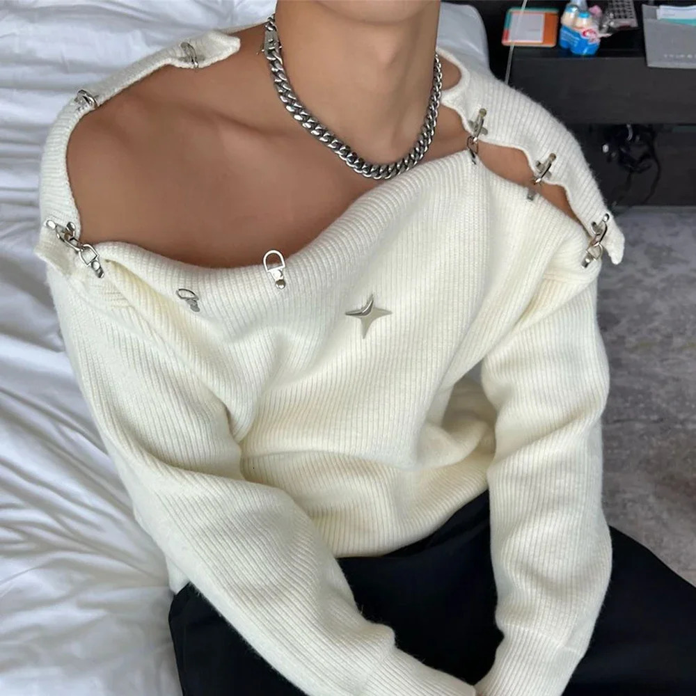 Mens Sweater Sexy Buckle Off-Shoulder Sweater Streetwear Fashion Youth Campus Versatile Long-Sleeved Top MenS Clothing 250801