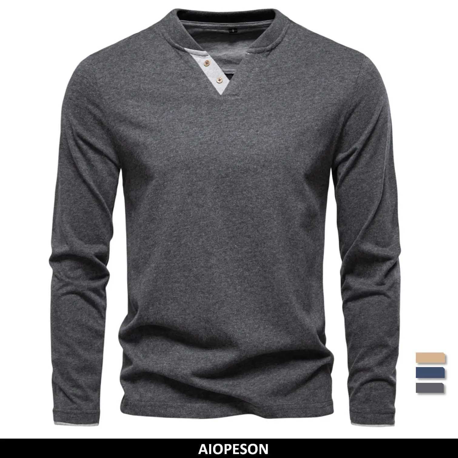AIOPESON Henley Collar T-Shirt Men Casual Solid Color Long Sleeve Autumn Fashion High Quality 100% Cotton Mens T-Shirts XJ250805