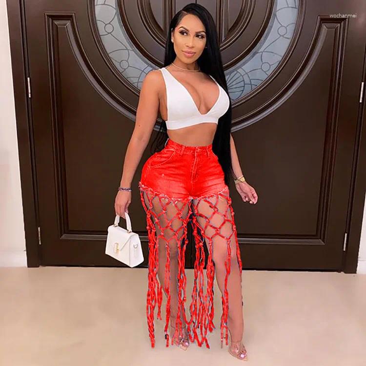 Women's Jeans High Waist Denim Shorts Women Tassels Short Splice Button Pockets Strwwtear Pant Solid Lady Summer Beach