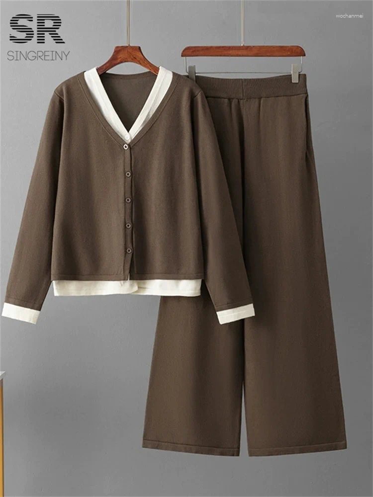 Women's Two Piece Pants SINGREINY Winter Casual Pieces Suits Women Long Sleeve V Neck Sweater Wide Legs Autumn Solid Elastic Fashion 2pcs