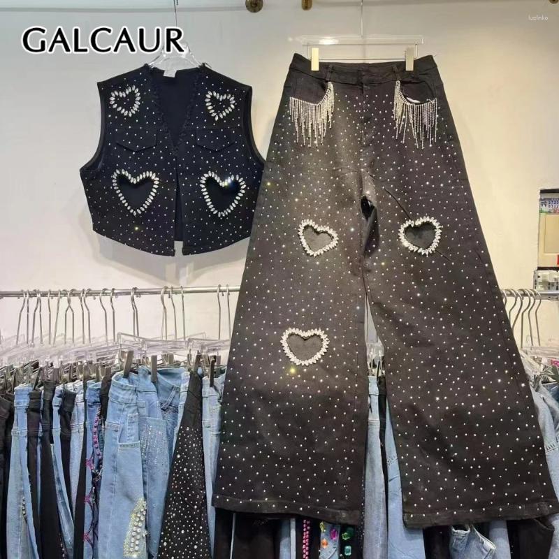 Women's Two Piece Pants GALCAUR Spliced Bead Luxurious Sets For Women V Neck Sleeveless Vest High Waist Patchwork Tassels Pant Set Female