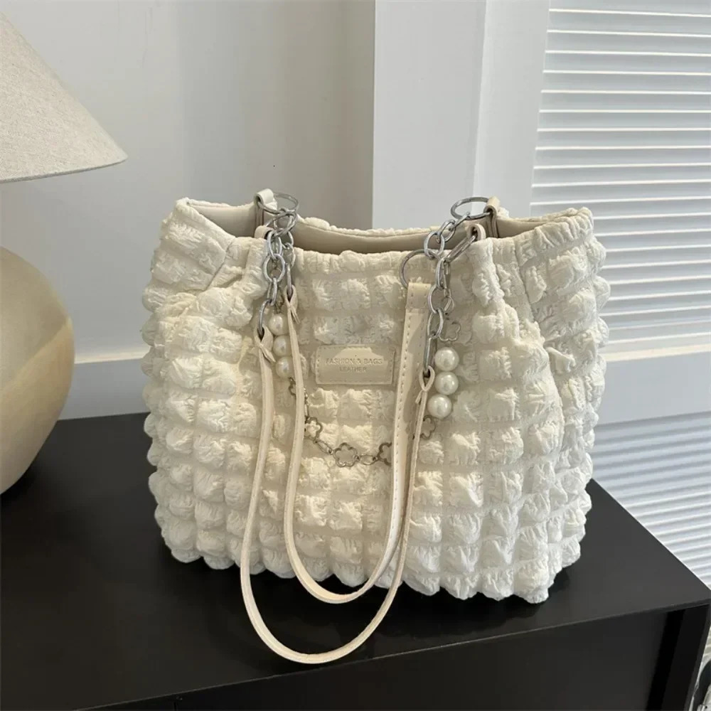 Large Capacity Ladies Tote Bag Fashion Plaid Womens Beaded Chain Shoulder Bags Soft Fabric Female Handbags Purse 2024 250804
