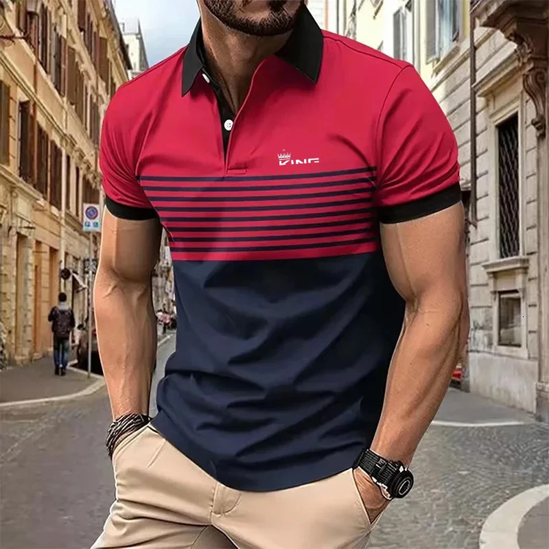 Summer Mens Stripe Print Polo Shirt Short Sleeve TurnDown Collar Button Tshirts for Men Casual Streetwear Male Tops 250724