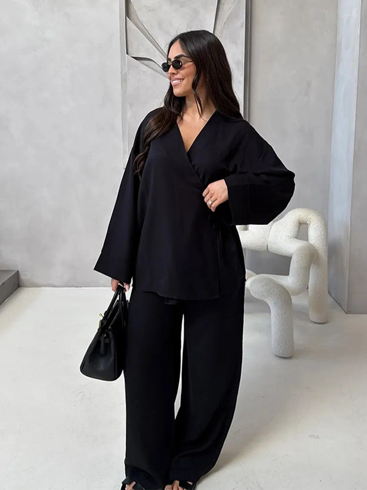 Women's Two Piece Pants Solid Lace Up Top Suits Women Casual V-neck Long Sleeve Loose Tops With High Waist Wide Leg Trousers Fashion Ladies