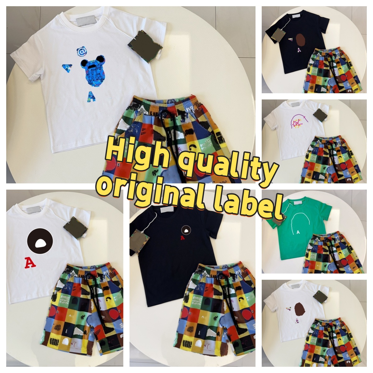 DHgate High-quality 2pc set kids T-shirts designer clothes monkey tops Colorful pants boys and girls fashion hip hop street suit casual summer kid i