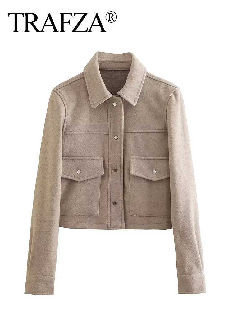 TRAFZA Jackets For Women Autumn Fashion Solid Front Pockets Button Long Sleeve Jacket Elegant Woman Casual Outerwear Coat Z250804