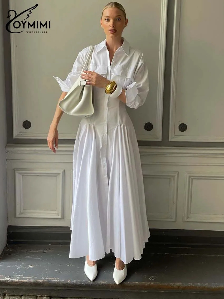 Oymimi Elegant White Lapel Womens Dress Fashion Three Quarter Sleeve Pockets Dresses Casual Button Pleated Ankle-Length Dresses 250801