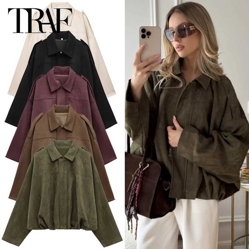 TRAF Womens Bomber Jacket Crop Suede Jacket Spring 2025 Oversized Long Sleeve Coats New In Coats Jackets Plus Size Outerwears Z250804
