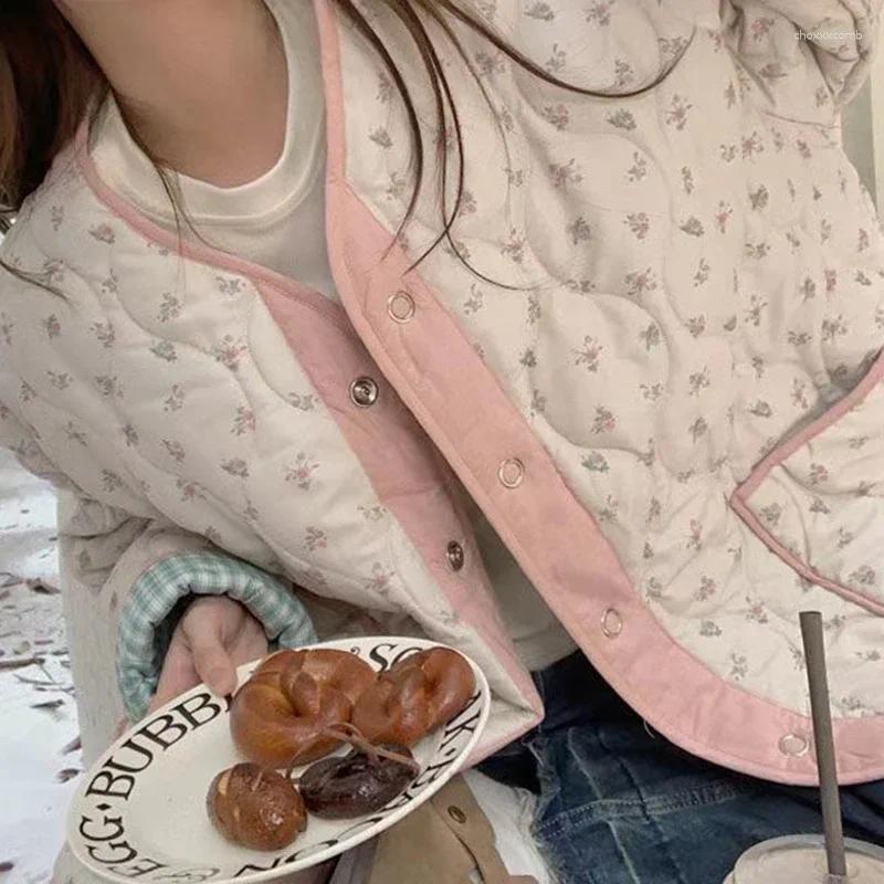 Women's Jackets Autumn And Winter Plus Cotton Coats On Both Sides.Retro Floral Small Fresh Color Matching Plaid Cotton-padded Jacket